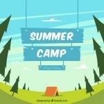 Summer camp background with blue wooden sign Free Vector
