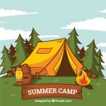 Hand drawn summer camp background with tent and bonfire Free Vector
